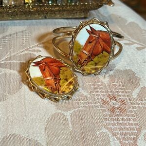 Vintage Horse Portrait Gold Brooch/pendant  and Bracelet Set